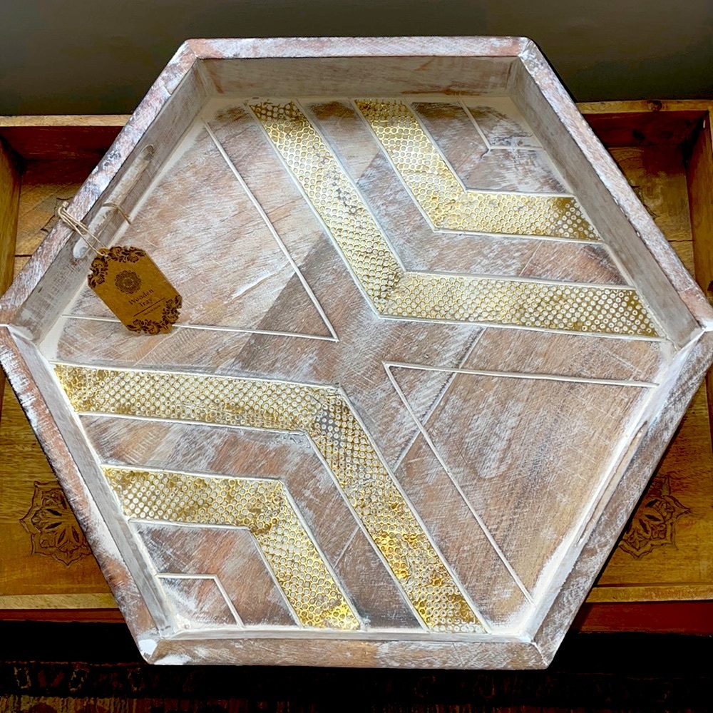 Unique Octagonal Distressed Natural Wooden Tray with Gold Accents ๐NWT! - Picture 6 of 16